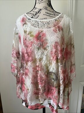 Sheer Floral Lace Tunic Top - White with Pink Floral